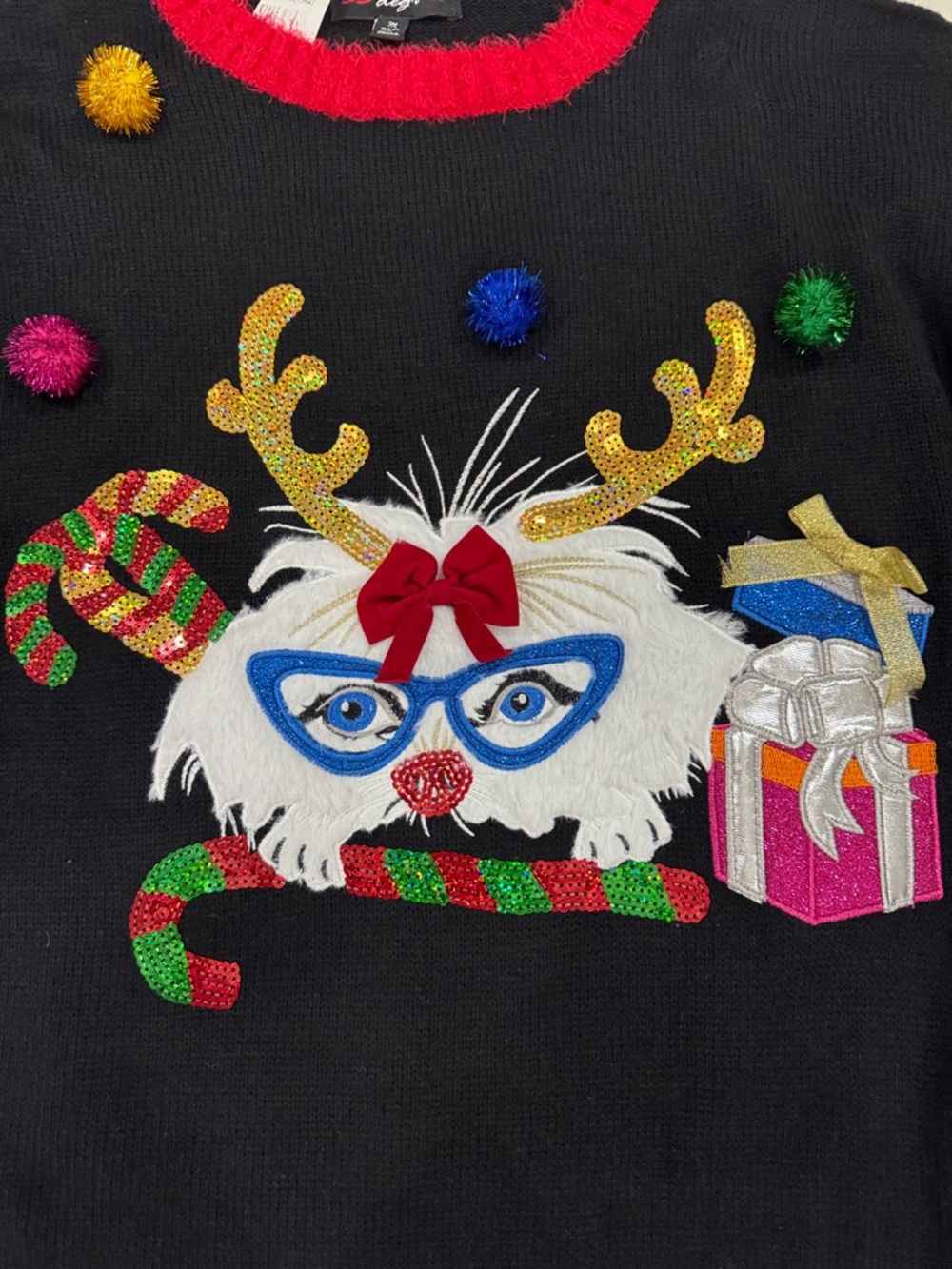 Ugly Christmas Sweater Cat Reindeer Pom Pom Holiday Sweater Women’s Medium - Picture 4 of 8
